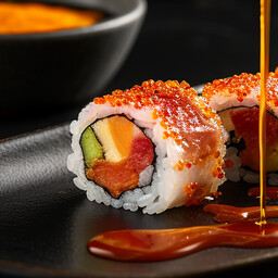 Uramaki Granchio, carota, cetriolo, maionese giapponese e cipolla croccante 